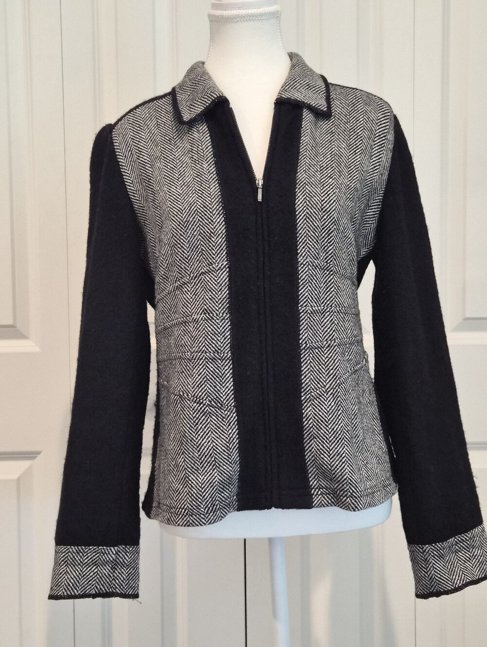 Mainbocher Y2K Herringbone Tweed Zip Jacket M Boiled Wool Trim M